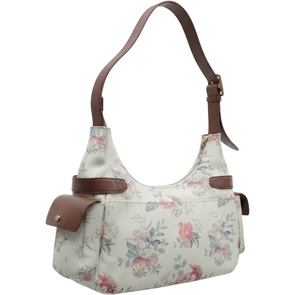 Fiorelli Floral Shoulder Bag Cream Brown Faux Leather Hobo Satchel Handbag